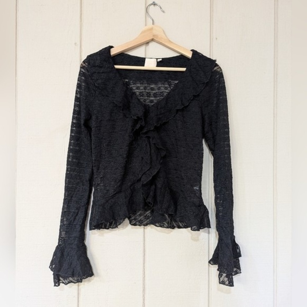 Good Luck Gem‎ Sheer Black Lace Ruffle Blouse Whimsigoth Womens XL